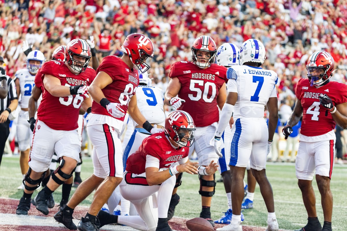 Indiana Hoosiers quarterback Tayven Jackson (2) celebrates his touchdown with teammates in the first half against the Indiana State Sycamores at Memorial Stadium.