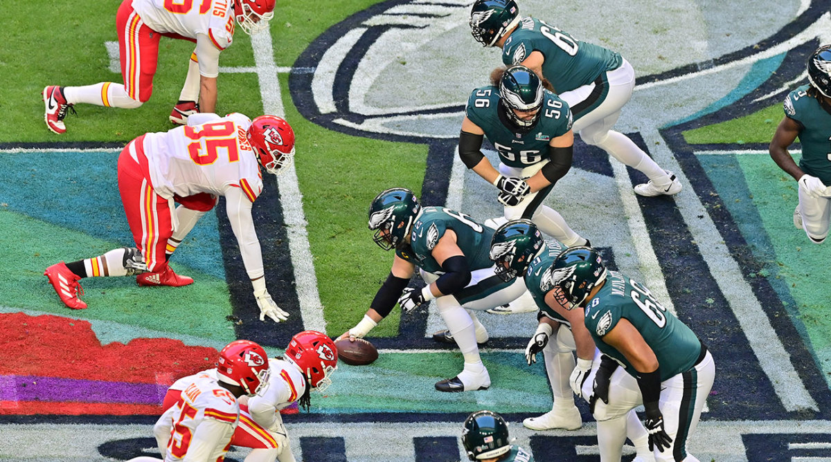 The Eagles offensive line just before a snap in Super Bowl LVII against the Chiefs