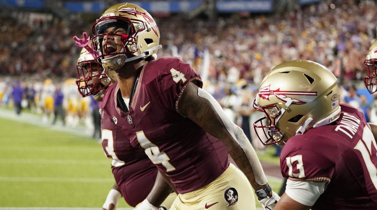 Florida State wide receiver Keon Coleman (4) celebrates a touchdown.