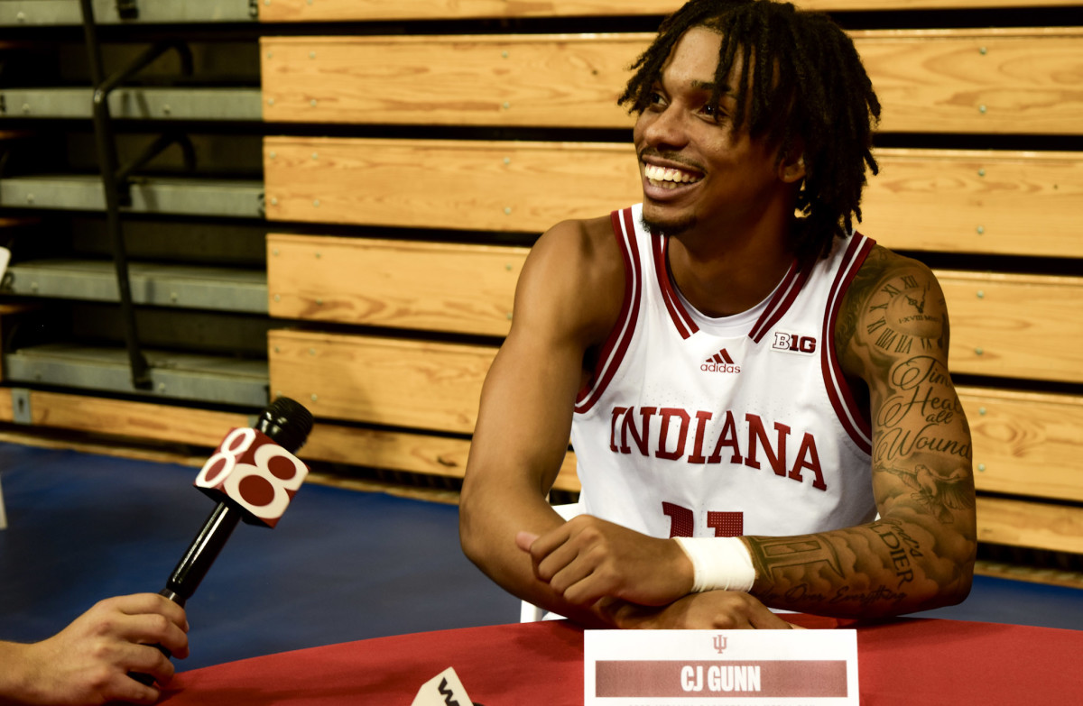 CJ Gunn is all smiles as he speaks with Channel 8 News on IU Basketball Media Day at Simon Skjodt Assembly Hall in Bloomington, Indiana.