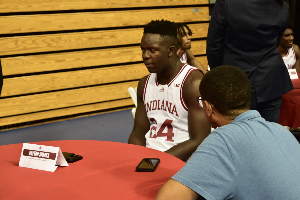 Ball State transfer Payton Sparks fields questions from the media at Simon Skjodt Assembly Hall during IU Basketball Media Day.
