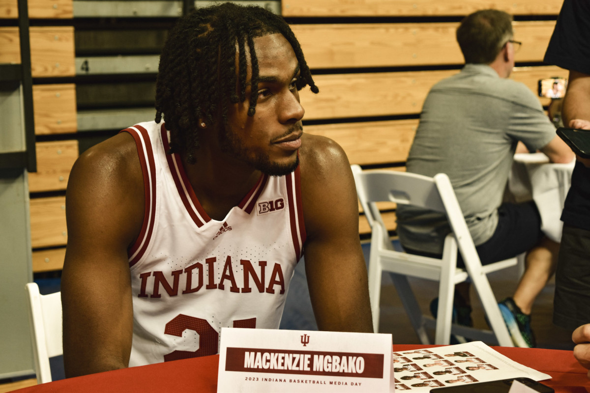 Star newcomer Mackenzie Mgbako conversed with members of the media during IU Basketball Media Day at Simon Skjodt Assembly Hall.