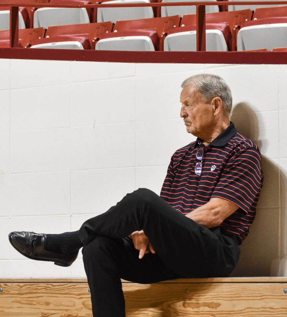 Legendary Indiana radio announcer Don Fischer watches Media Day from the bleachers at Simon Skjodt Assembly Hall.