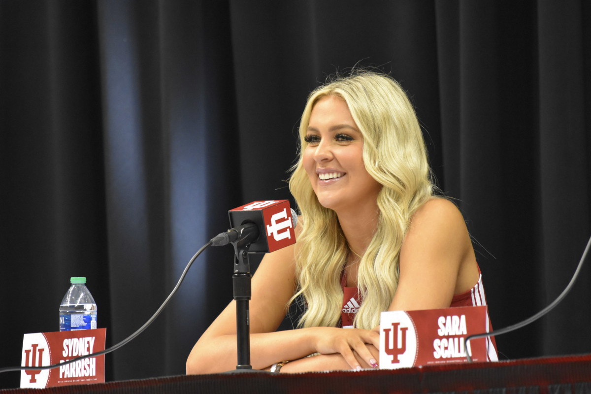 Indiana women's basketball star Sydney Parrish fielded media questions from the main table at the beginning of Media Day at Simon Skjodt Assembly Hall.