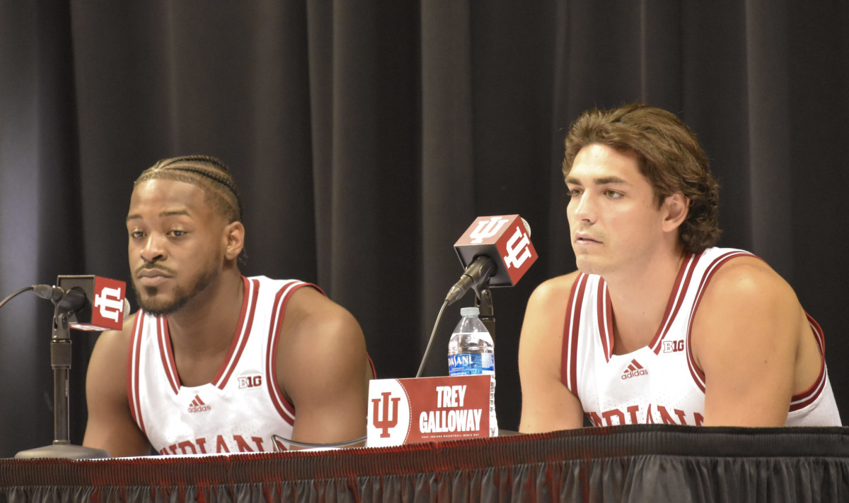 Senior guards Xavier Johnson and Trey Galloway address the media from the main table at the beginning of IU Basketball Media Day.