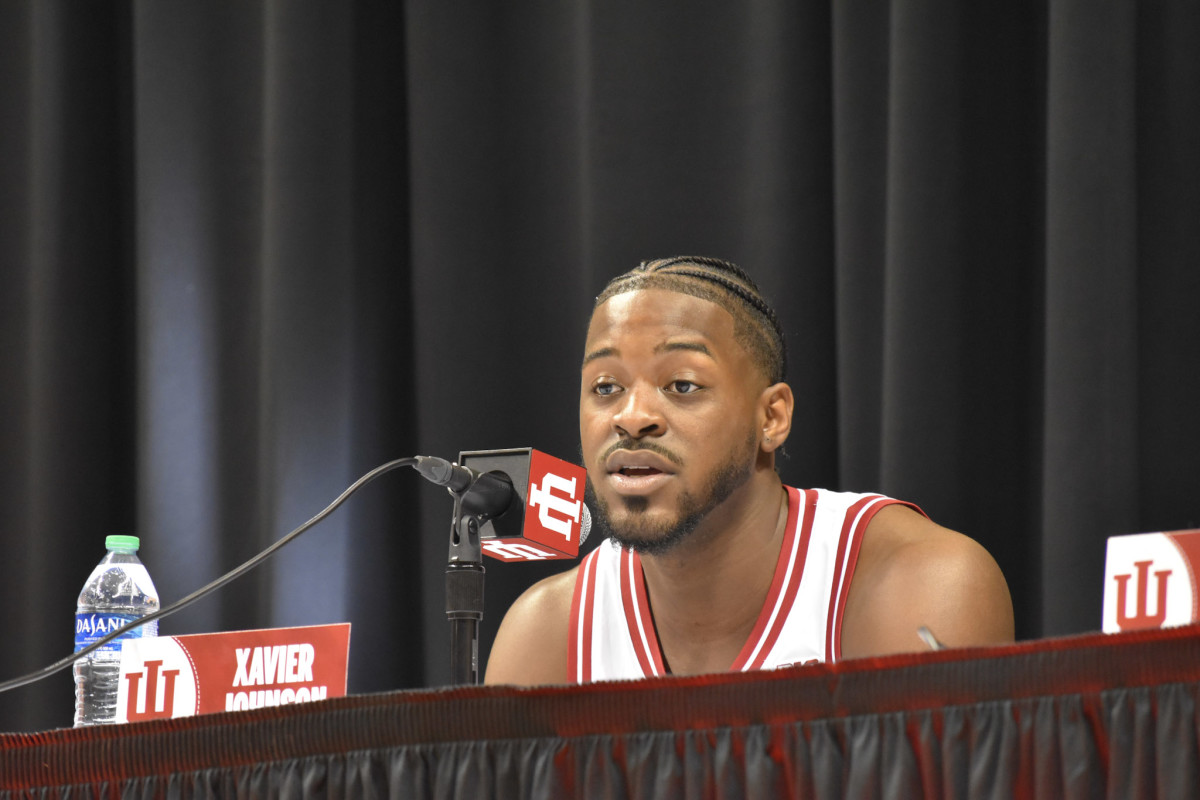 Senior point guard Xavier Johnson answers questions from the media about his injury recovery on IU Basketball Media Day on Wednesday. 