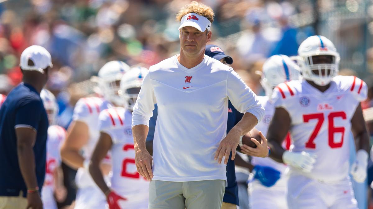 Mississippi Rebels head coach Lane Kiffin watches on the sidelines