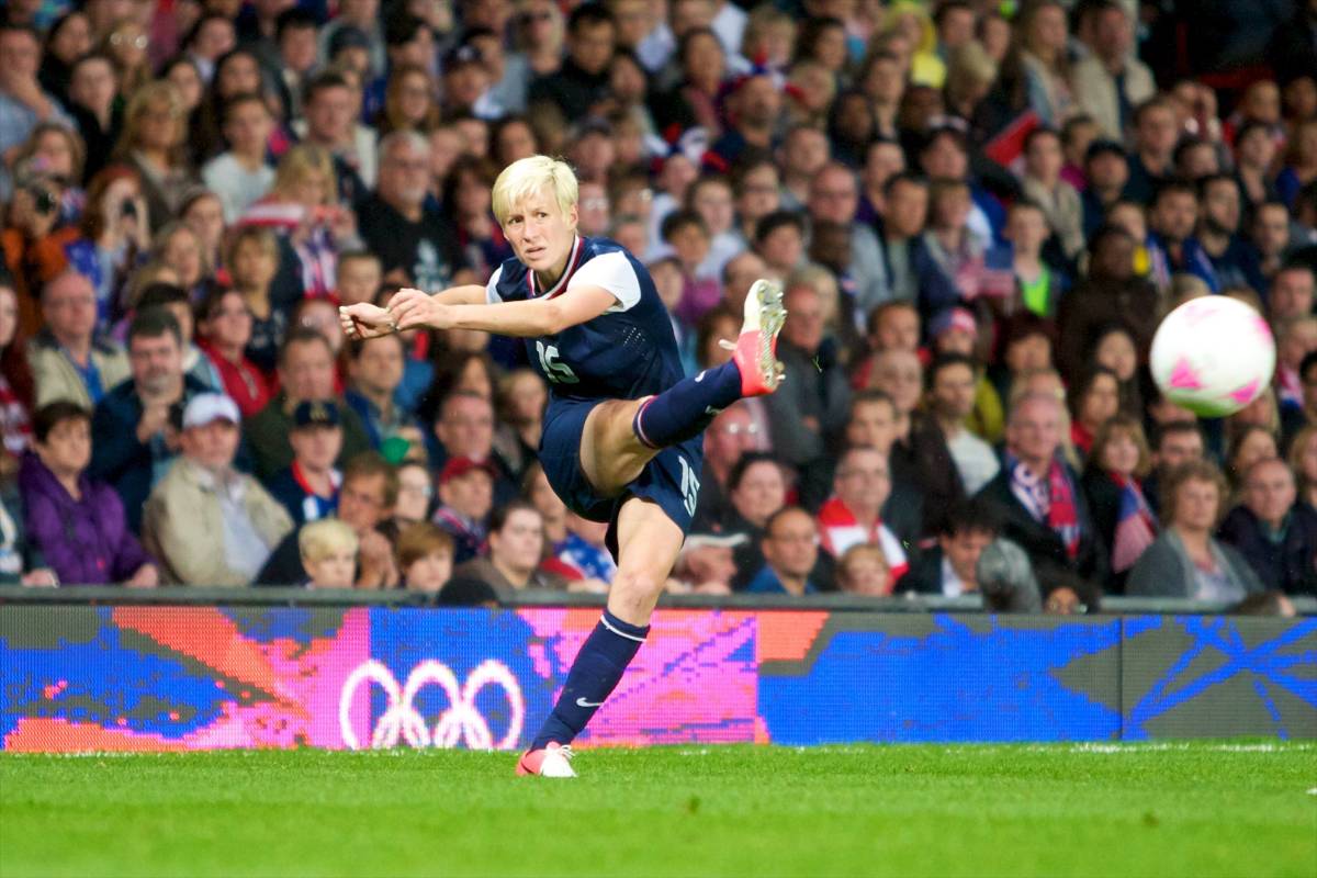 US midfielder Megan Rapinoe gets her shot toward the goal to score during the the 2012 Olympics against Canada.