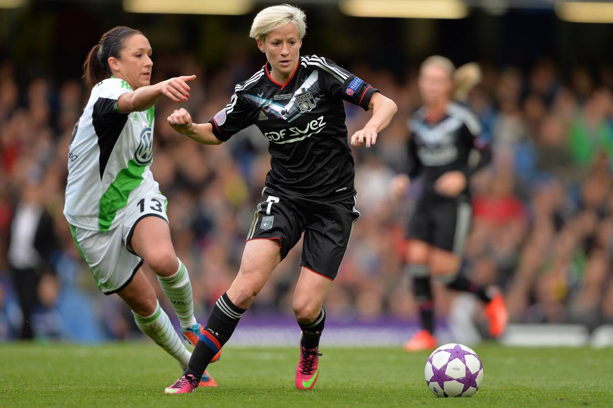 Olympique Lyon player Megan Rapinoe controls the ball against Wolfsburg during the 2013 Champions League final.