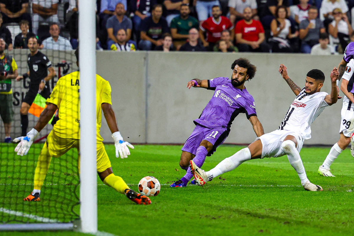 Mohamed Salah pictured (center) scoring for Liverpool in a 3-1 win away to LASK in September 2023