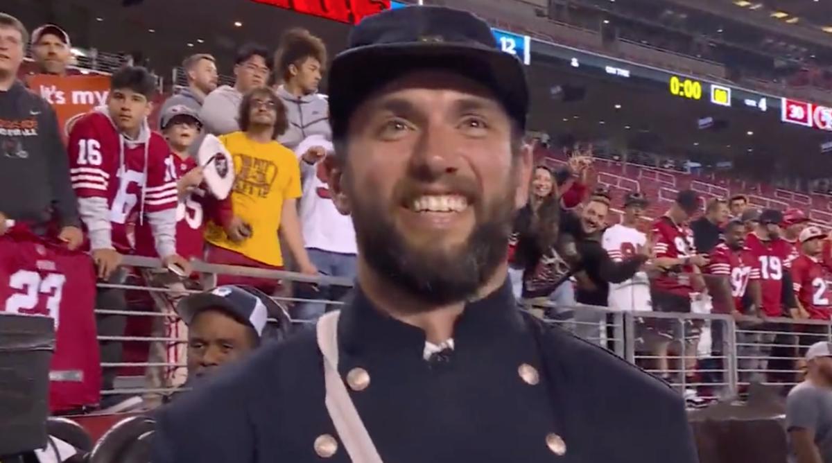 Former NFL quarterback Andrew Luck dressed in Civil War gear as Capt. Andrew Luck after Giants-49ers game in San Francisco.