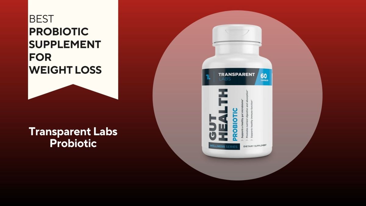 A red background with a white banner that says, "Best Probiotic Supplement for Weight Loss" next to a white and navy bottle of Transparent Labs Gut Health Probiotic