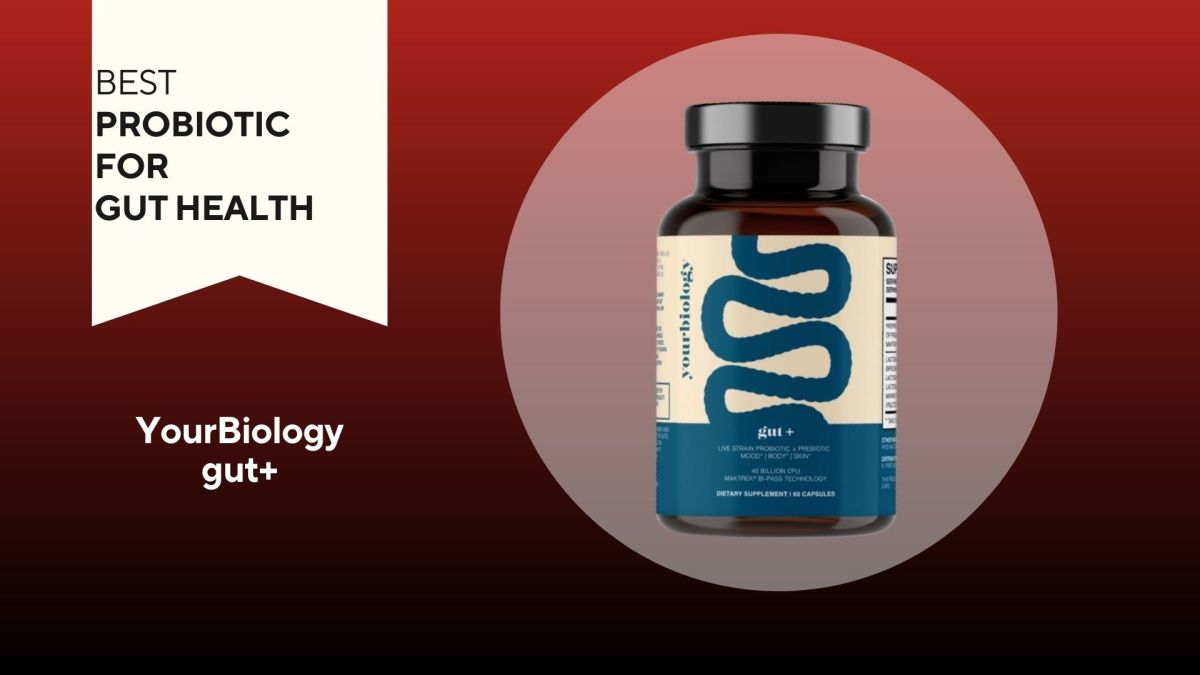A red background with a white banner that says, "Best Probiotic for Gut Health" next to a tan and navy bottle of Your Biology gut plus
