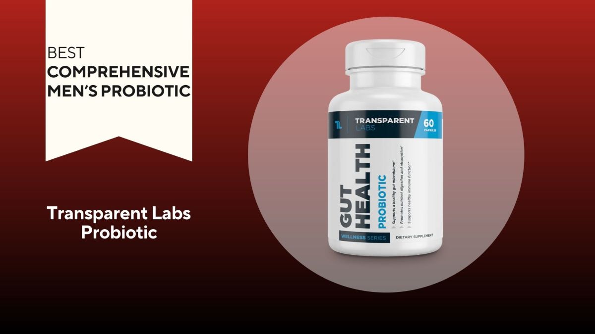 A red background with a white banner that says, "Best Comprehensive Men's Probiotic" next to a white and navy bottle of Transparent Labs Gut Health Probiotic