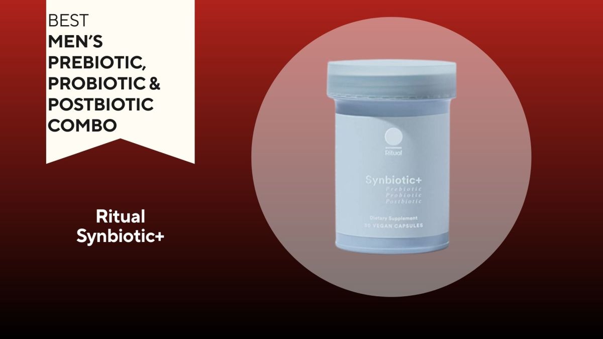 A red background with a white banner that says, "Best Men's Prebiotic, Probiotic and Postbiotic Combo" next to a light blue and white bottle of Ritual Synbiotic plus
