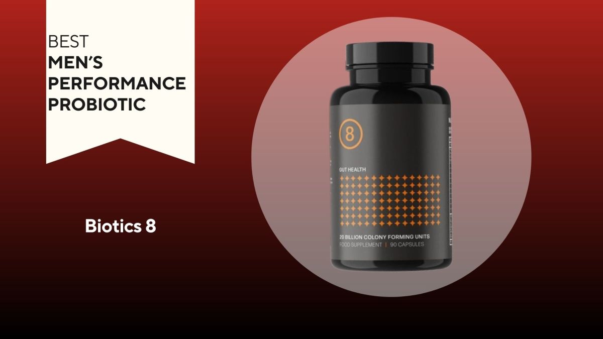A red background with a white banner that says, "Best Men's Performance Probiotic" next to a black and orange container of Biotics 8 probiotic