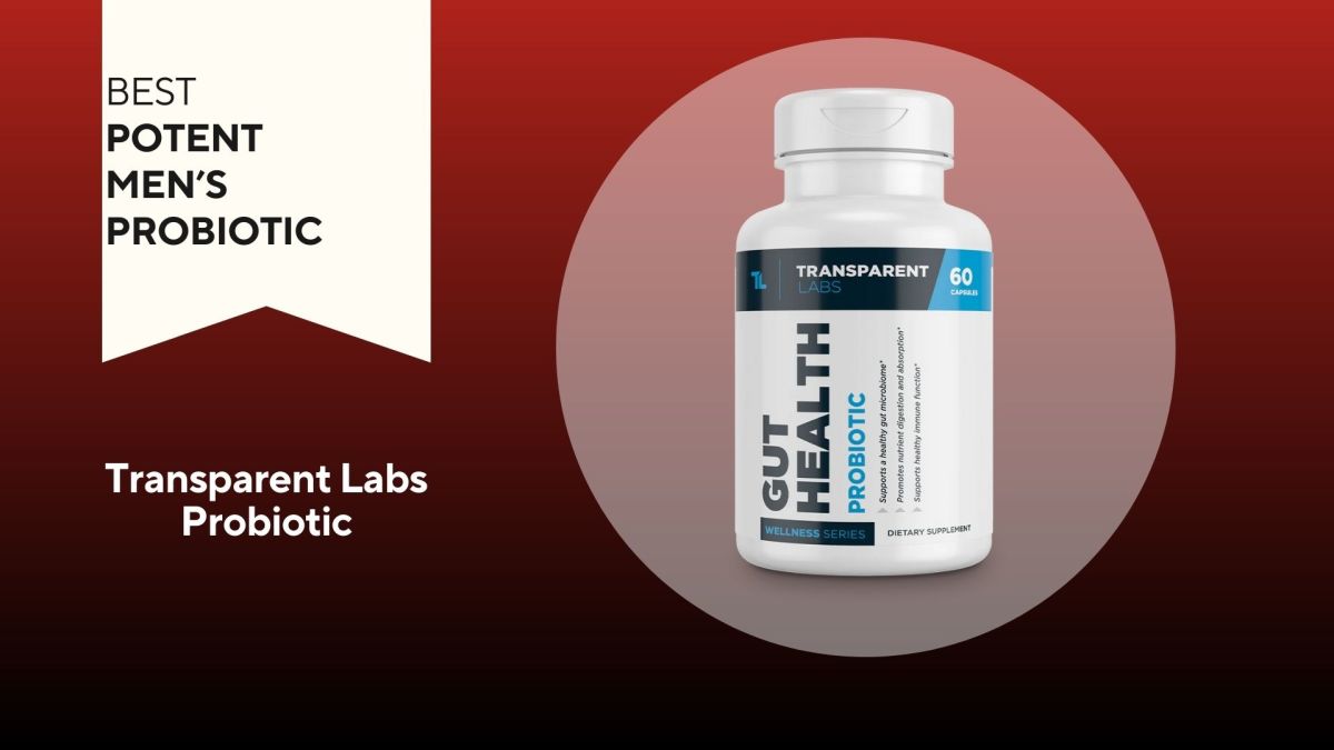 A red background with a white banner that says, "Best Potent Men's Probiotic" next to a white and navy bottle of Transparent Labs Gut Health Probiotic