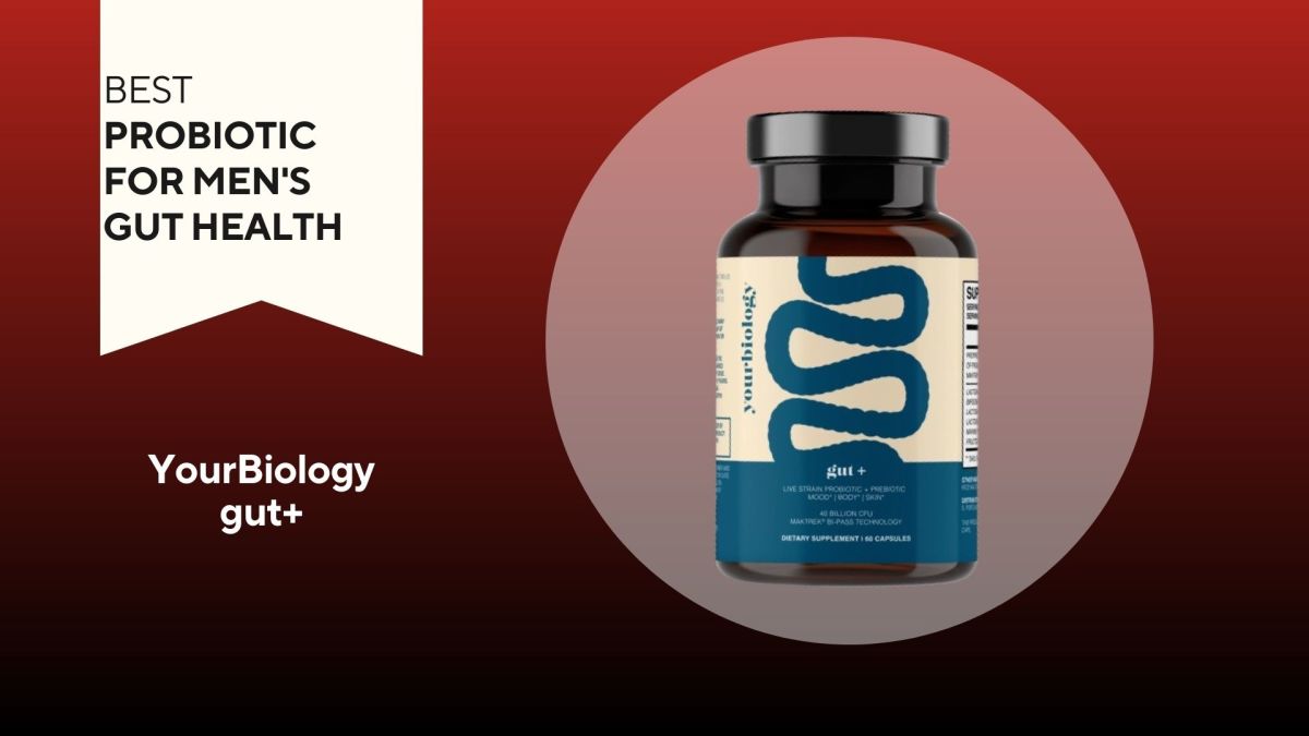 A red background with a white banner that says, "Best Probiotic for Men's Gut Health" next to a tan and navy bottle of Your Biology Gut plus