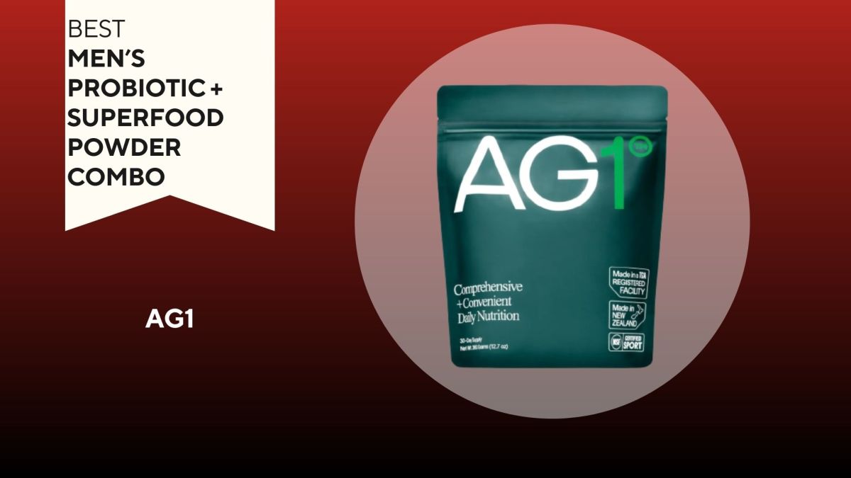 A red background with a white banner that says, "Best Men's Probiotic and Superfood Powder Combo" next to a green and white bag of AG1