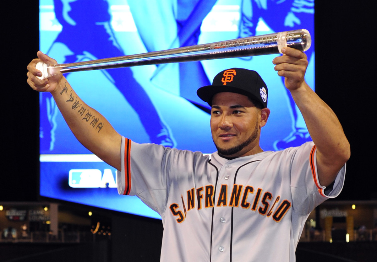 National League outfielder Melky Cabrera of the SF Giants is awarded the MVP award for the 2012 All-Star Game at Kauffman Stadium. (2012)