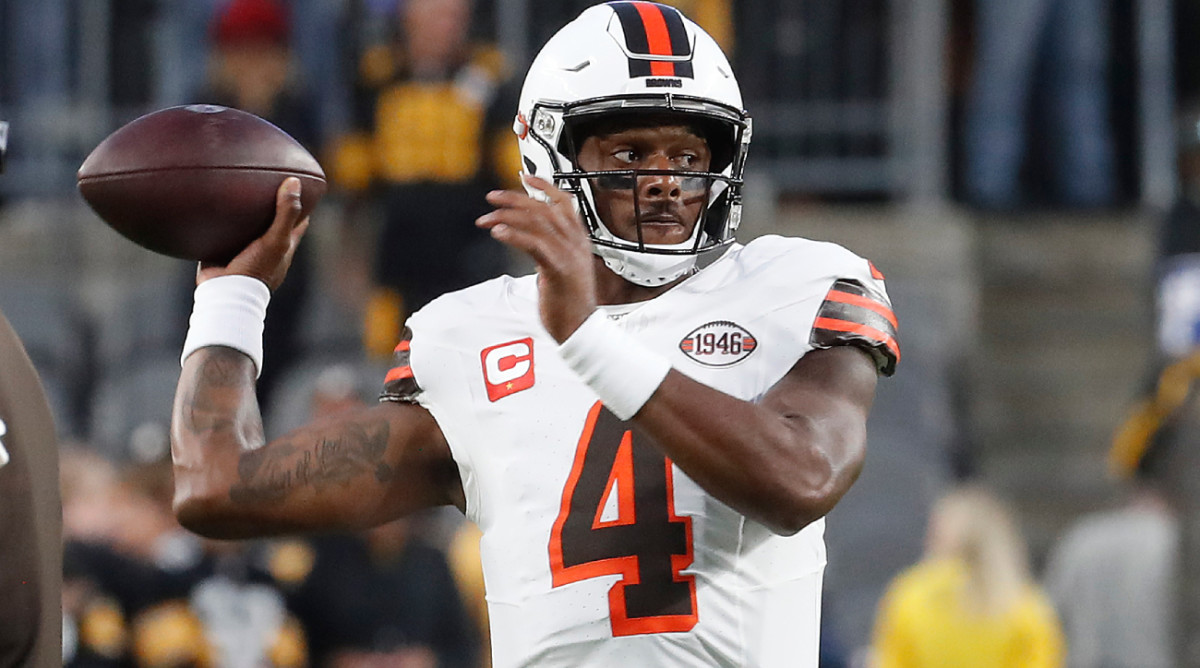Sep 18, 2023; Pittsburgh, Pennsylvania, USA; Cleveland Browns quarterback Deshaun Watson (4) warms up before the game against the Pittsburgh Steelers at Acrisure Stadium. Mandatory Credit: Charles LeClaire-USA TODAY Sports  