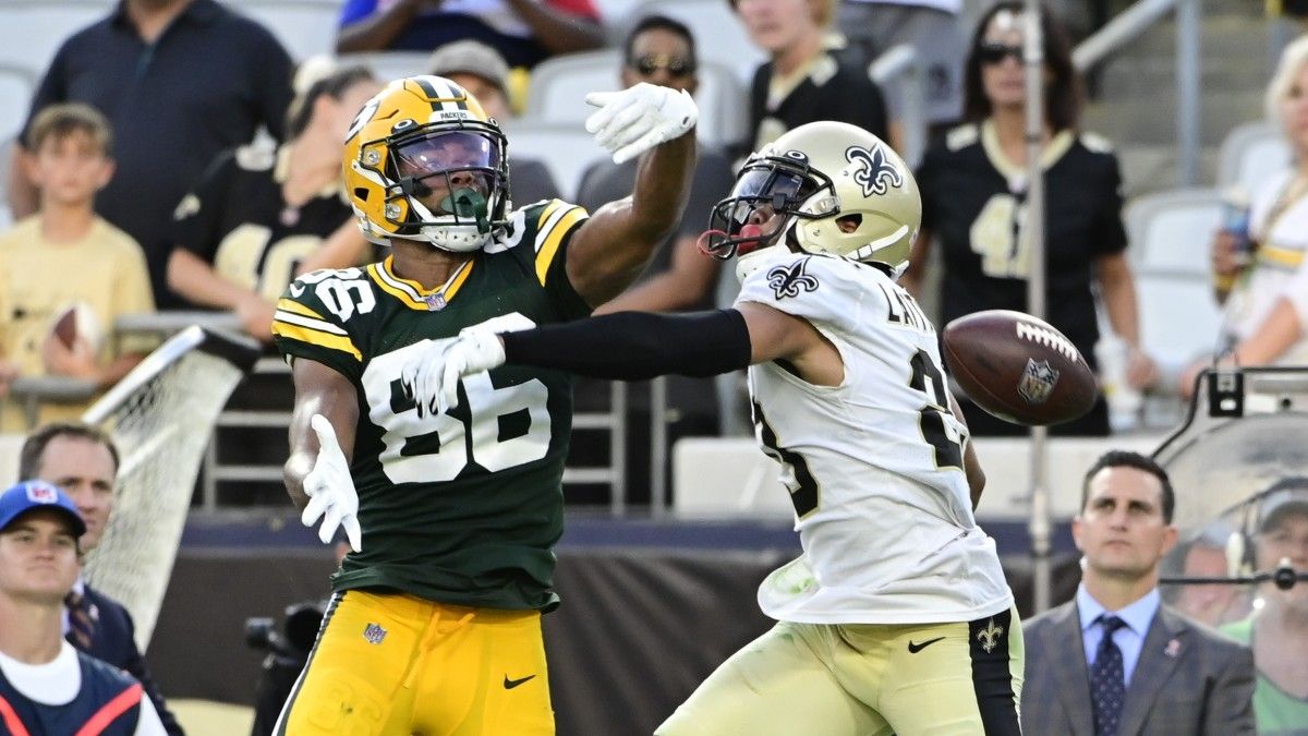 Saints CB Marshon Lattimore breaks up a pass against the Packers in the 2021 opener.