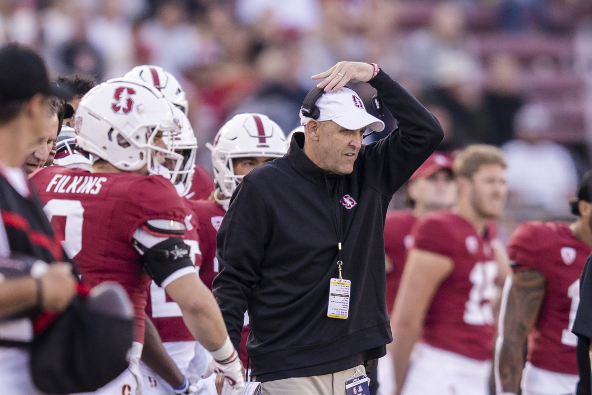 Sep 23, 2023; Stanford, California, USA; Stanford Cardinal head coach Troy Taylor reacts during the game against the Arizona Wildcats during the third quarter at Stanford Stadium. Mandatory Credit: John Hefti-USA TODAY Sports