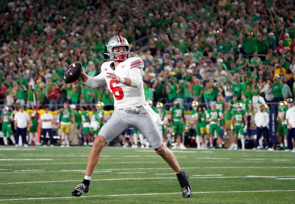 Ohio State Buckeyes quarterback Kyle McCord (6) throws a pass against the Notre Dame Fighting Irish at Notre Dame Stadium Saturday.