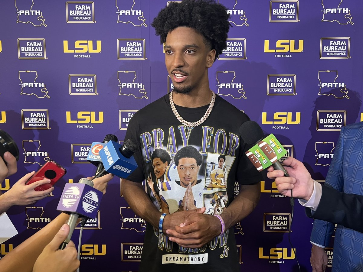 LSU quarterback Jayden Daniels meets with the media following the Tigers' 34-31 victory over Arkansas on Sept. 23, 2023. 