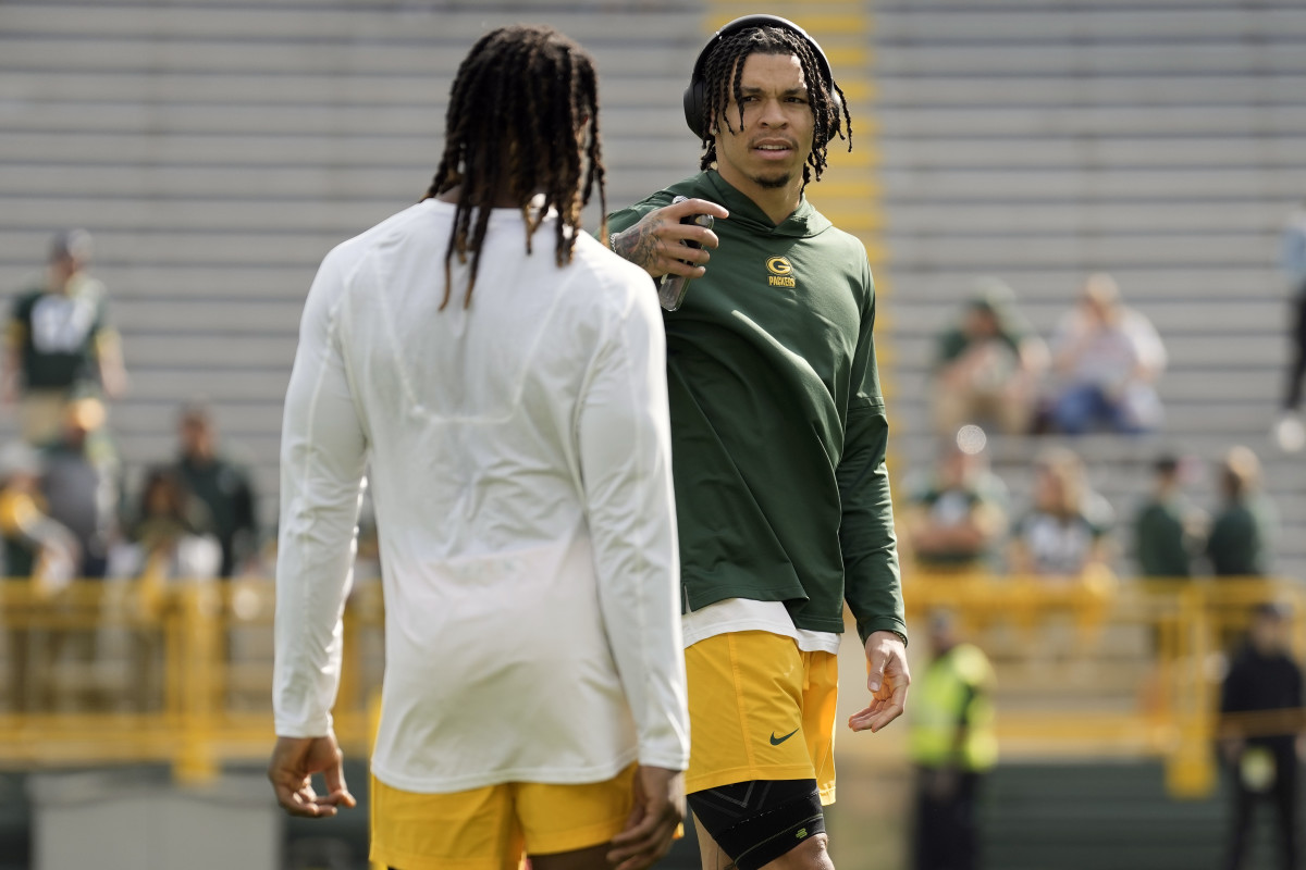 Christian Watson and Aaron Jones before the game. (Photo by Jeff Hanisch/USA Today Sports Images(