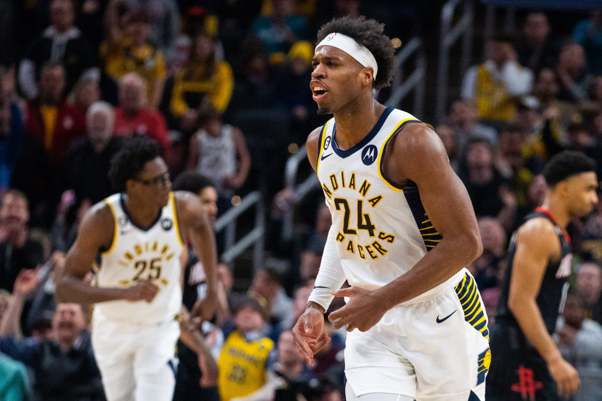 Indiana Pacers guard Buddy Hield (24) celebrates a made shot in the overtime against the Houston Rockets at Gainbridge Fieldhouse.