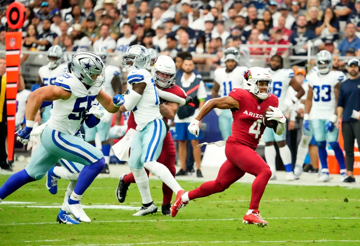 Cardinals receiver Rondale Moore sprints for a 45-yard touchdown against the Cowboys in Week 3.