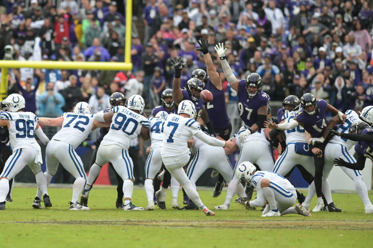 Sep 24, 2023; Baltimore, Maryland, USA; Indianapolis Colts place kicker Matt Gay (7) kicks a game winning field goal in overtime against the Baltimore Ravens at M&T Bank Stadium. Mandatory Credit: Tommy Gilligan-USA TODAY Sports