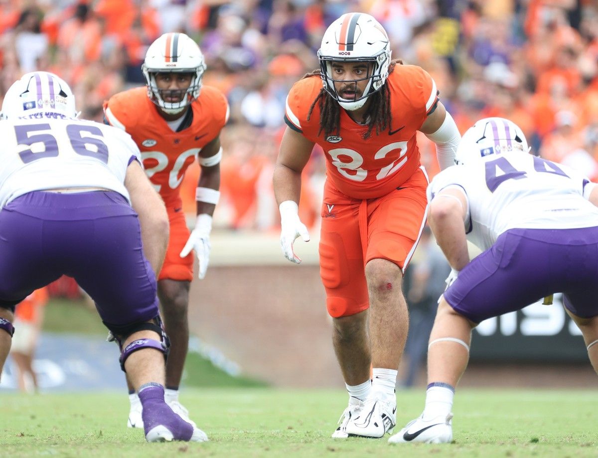 UVA defensive end Kam Butler prepares to rush the passer during the Virginia football game against JMU at Scott Stadium.