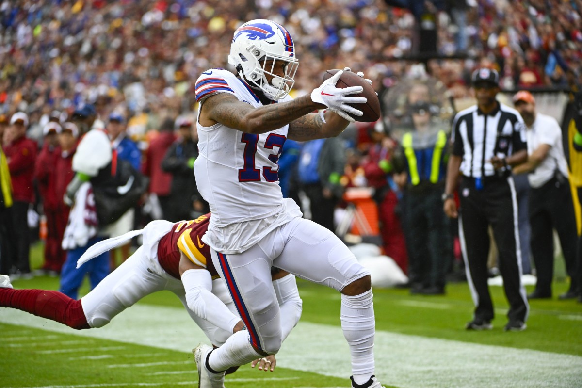 Bill receiver Gabe Davis scores a touchdown in Buffalo's blowout win over the Commanders in Week 3.