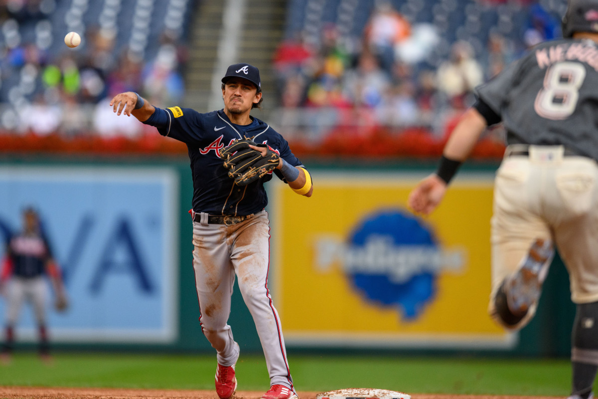 Sep 24, 2023; Washington, District of Columbia, USA; Atlanta Braves second baseman Nicky Lopez (15) throws to first base during the seventh inning against the Washington Nationals at Nationals Park.