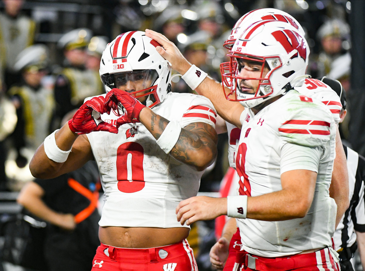 Sep 22, 2023; West Lafayette, Indiana, USA; Wisconsin Badgers running back Braelon Allen (0) makes a heart with his hands in honor of teammate Wisconsin Badgers running back Chez Mellusi (1) after Mellusi suffered an injury during the second half at Ross-Ade Stadium. Mandatory Credit: Robert Goddin-USA TODAY Sports