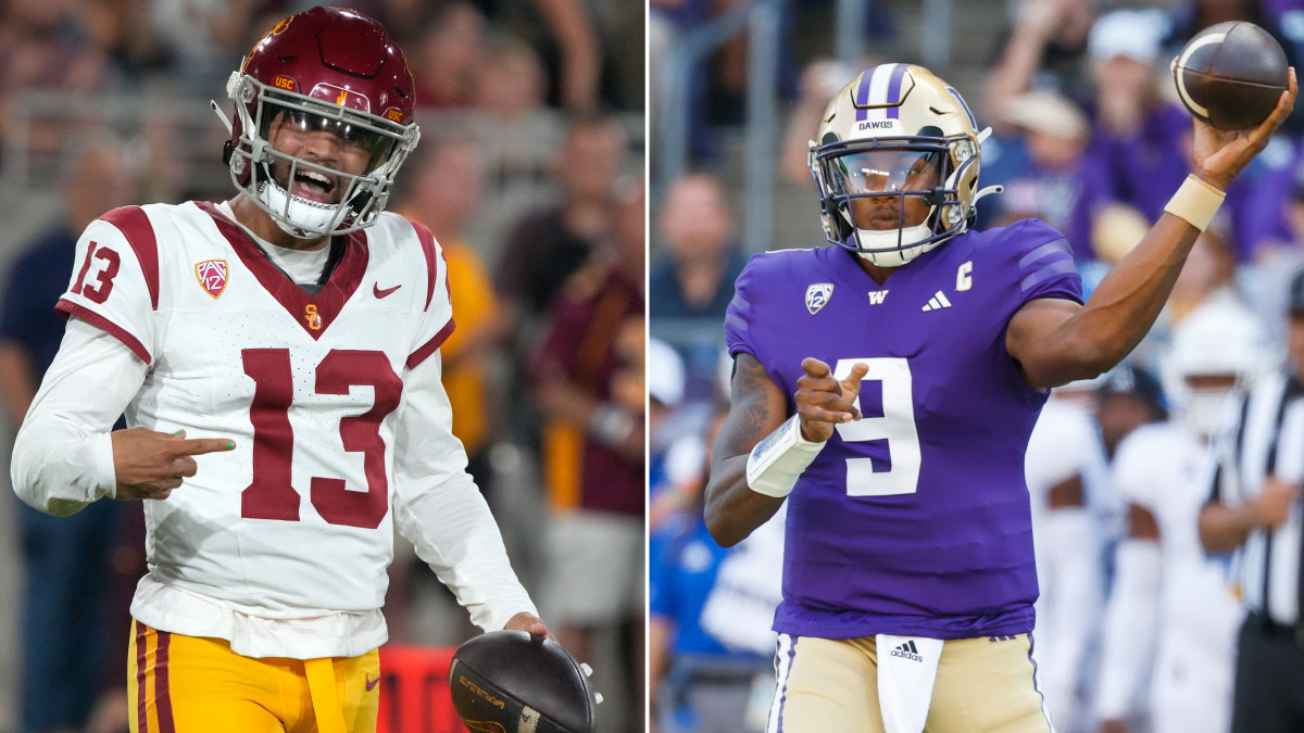 A split image of USC quarterback Caleb Williams and Washington quarterback Michael Penix.