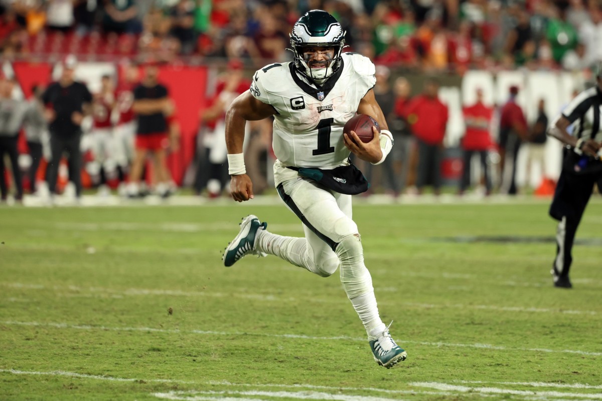 Sep 25, 2023; Tampa, Florida, USA; Philadelphia Eagles quarterback Jalen Hurts (1) runs with the ball against the Tampa Bay Buccaneers during the second half at Raymond James Stadium.