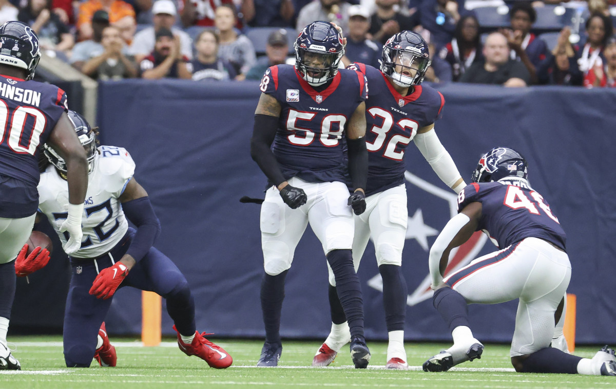 Christian Kirksey (58) reacts after a play during the game against the Tennessee Titans at NRG Stadium.