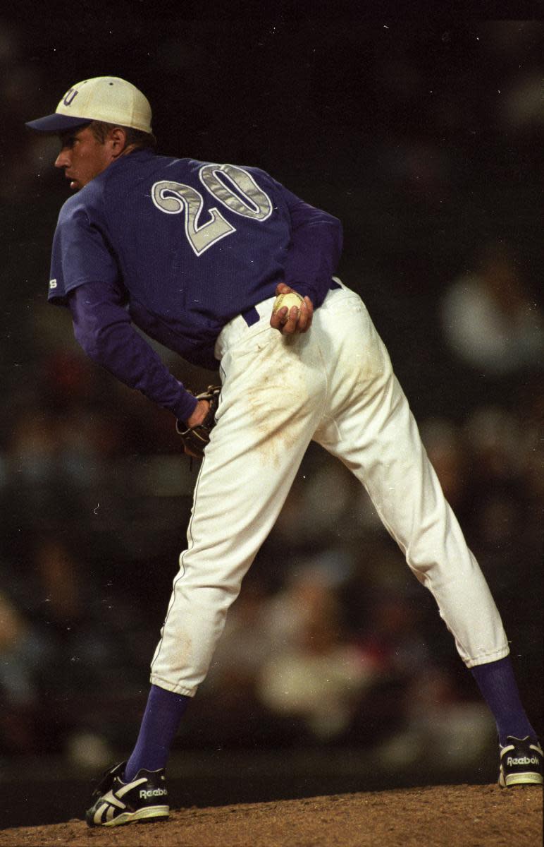 Scott Atchison pitches against Texas in 1998. (TCU Library)