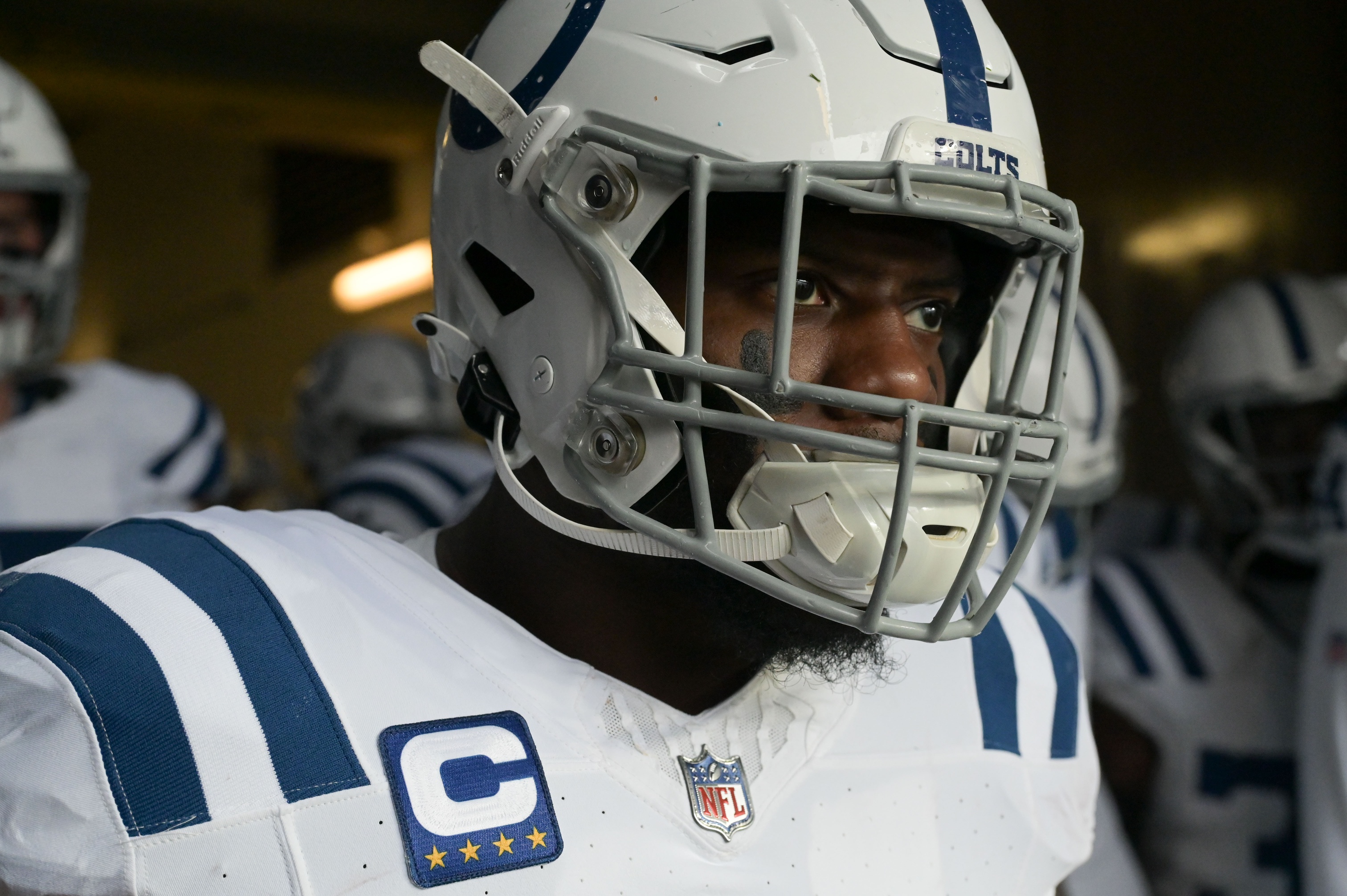 Sep 24, 2023; Baltimore, Maryland, USA;Indianapolis Colts linebacker Zaire Franklin (44) waits to enter the field before the game against the Baltimore Ravens at M&T Bank Stadium.