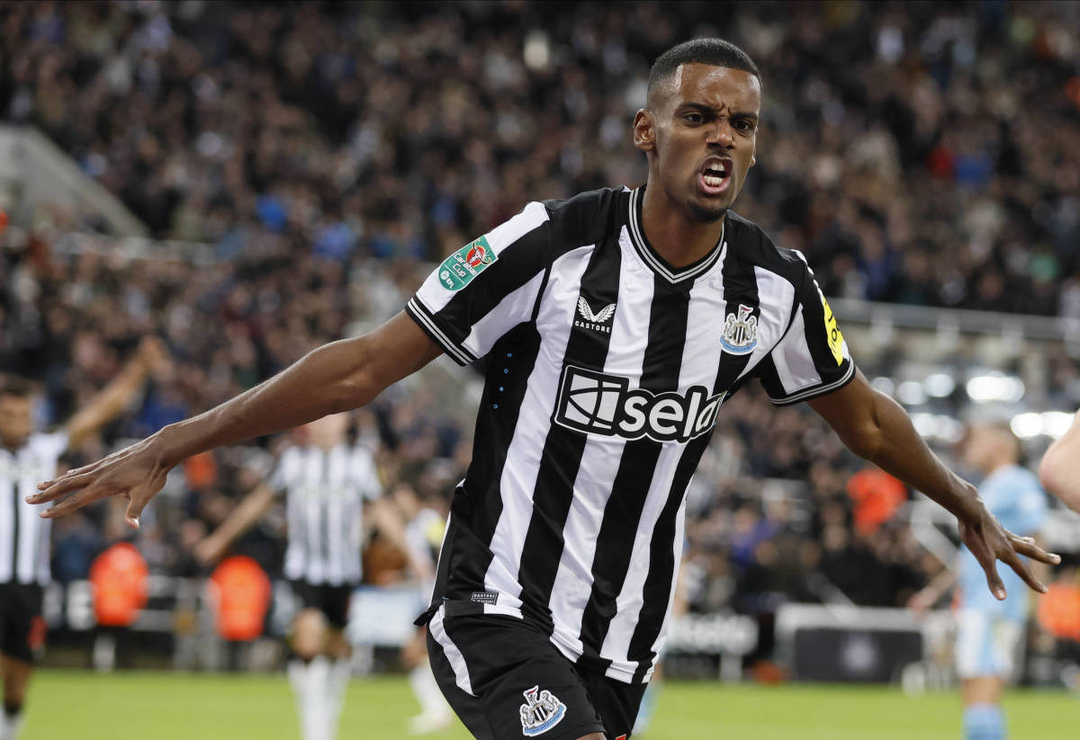 Alexander Isak pictured celebrating after scoring for Newcastle United in a 1-0 win over Manchester City in the third round of the 2023/24 EFL Cup