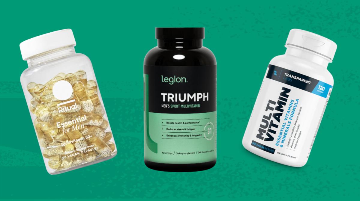 A green background with three bottles of the best multivitamins for men Over 50: a clear bottle of Ritual Essential for Men 50+, a black and green bottle of Legion Triumph Men's Sport Multivitamin, and a white bottle of Transparent Labs Multivitamin