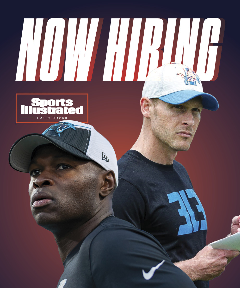 A graphic with pictures of NFL coaches Ben Johnson and Ejiro Evero that says NOW HIRING.
