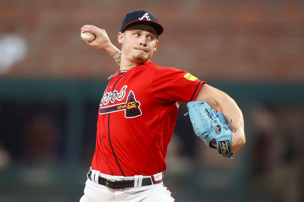 Sep 28, 2023; Atlanta, Georgia, USA; Atlanta Braves starting pitcher AJ Smith-Shawver (62) throws against the Chicago Cubs in the first inning at Truist Park.