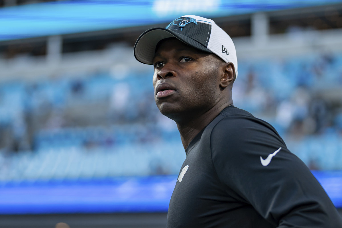 Panthers defensive coordinator Ejiro Evero looks on before an NFL football game against the New Orleans Saints