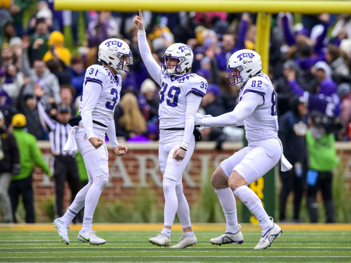 TCU Horned Frogs place kicker Griffin Kell, punter Jordy Sandy and tight end Alex Honig celebrate a walk-off field to beat Baylor.