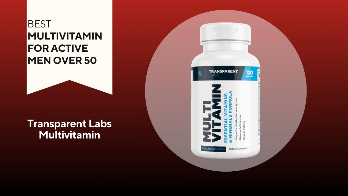 A red background with a white banner that says, "Best Multivitamin for Active Men Over 50" next to a picture of a white container that says Transparent Labs Multivitamin in white font