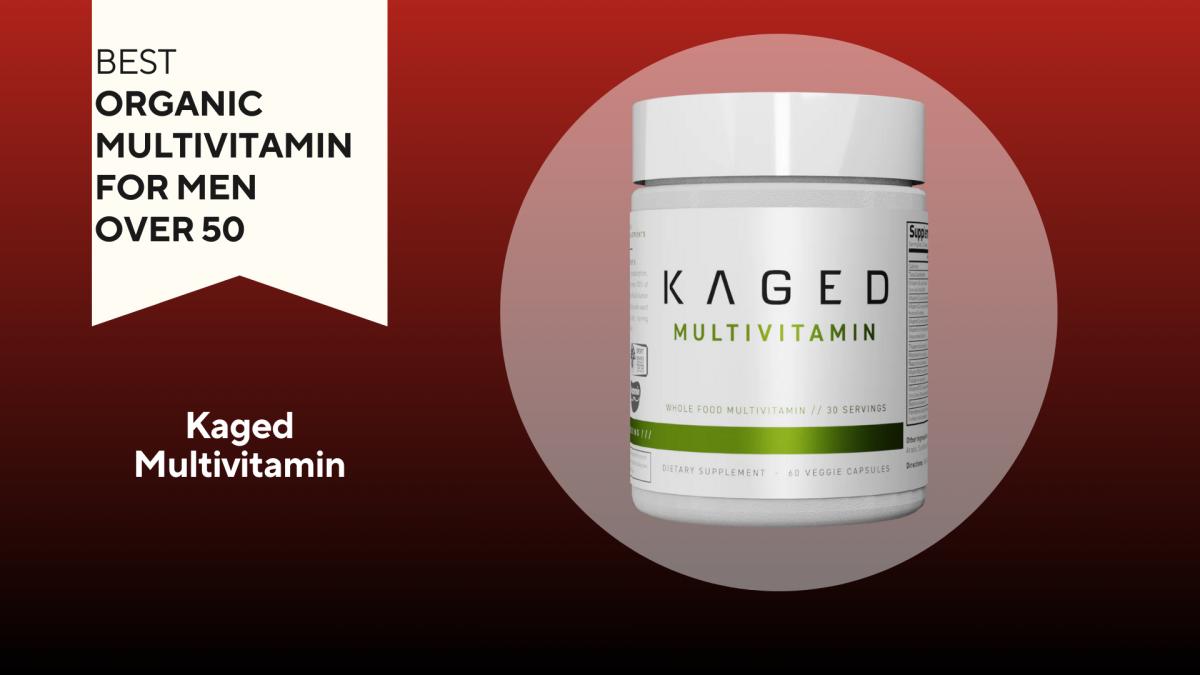 A red background with a white banner that says, "Best Organic Multivitamin for Men Over 50" next to a picture of a white container that says Kaged Multivitamin in white and bright green font